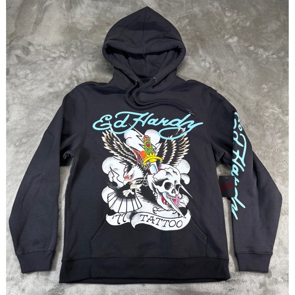 Ed Hardy Other - NEW Ed Hardy Hoodie Mens Medium Dark Grey New Tattoo Eagle Skull EEHM1300-2